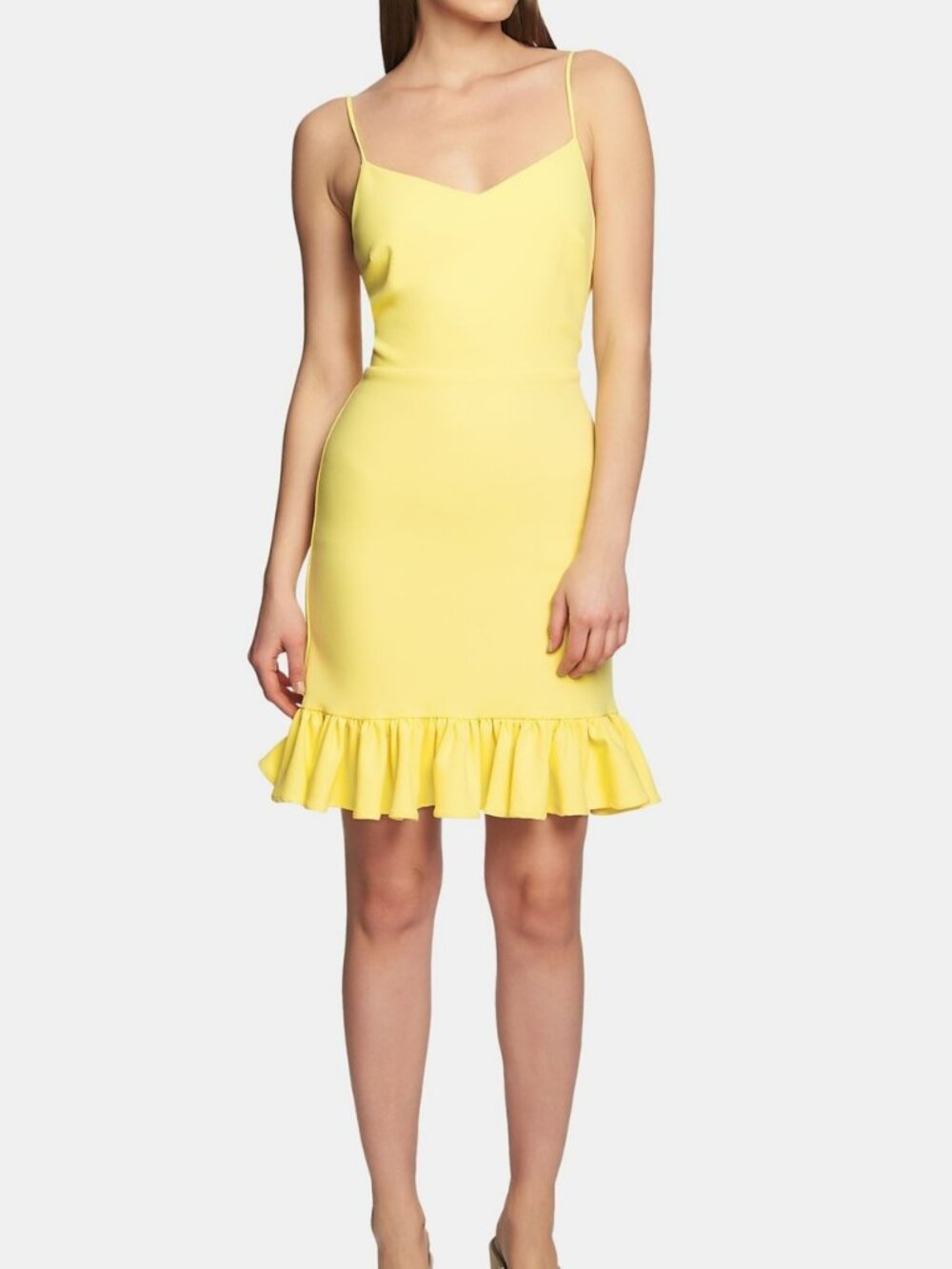 Light Yellow Ruffle Hem Solid Spaghetti Strap Mini Dress